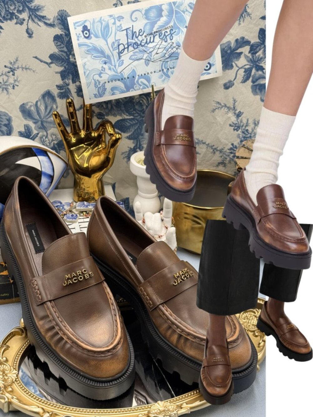 🆕 MARC JACOBS 🧿 NWOB The Distressed Leather Frankie Loafer, Brown - Sz 39 / 9